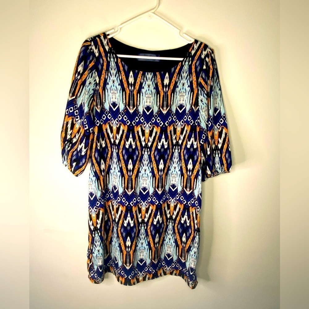 Blue B Womens Ikat Geometric Print Shift Dress Blue Orange Large D8303A